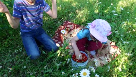 Teen-Boy-und-Girl-Kind-isst-wilde-Erdbeeren-auf-der-Wiese.