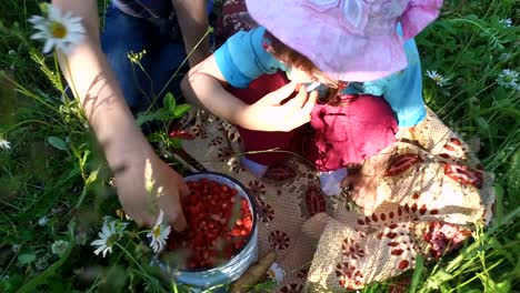 Teen-Boy-und-Girl-Kind-isst-wilde-Erdbeeren-auf-der-Wiese.