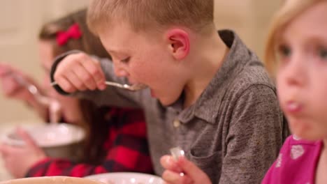 Siblings-eating-ice-cream-at-home,-close-up