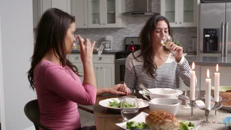 Female-gay-couple-make-a-toast-at-dinner-in-their-kitchen,-shot-on-R3D