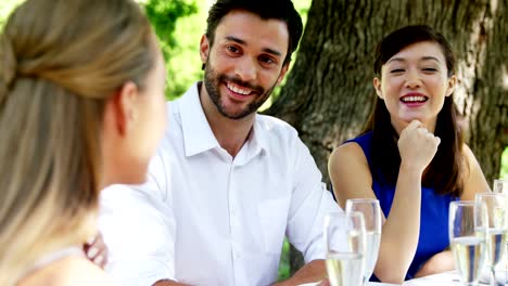 Gruppe-von-Freunden,-die-Spaß-beim-Mittagessen