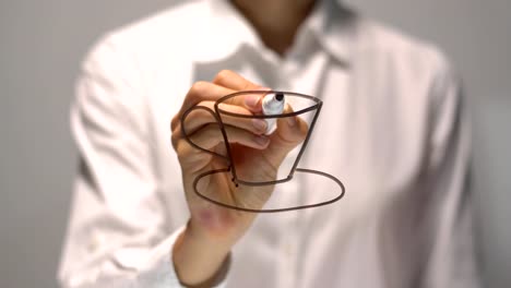 Woman-drawing-Cup-of-Cofffee-on-transparent-screen.-Businesswoman-write-on-board