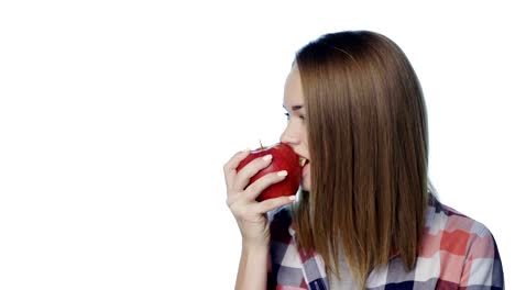 Smiling-girl-biting-big-green-pear-apple