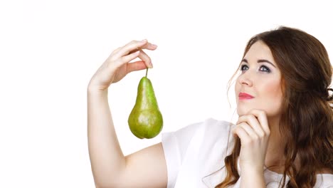 Woman-holding-pear-fruit,-isolated.-Healthy-diet.