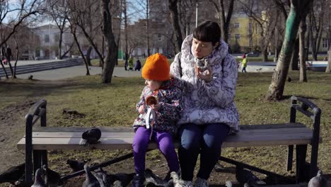 A-young-woman-and-a-little-girl-eat-buns-and-feed-pigeons-on-a-cold,-cloudy-day.