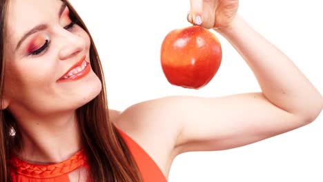 Woman-charming-girl-colorful-makeup-holds-apple-fruit-4K