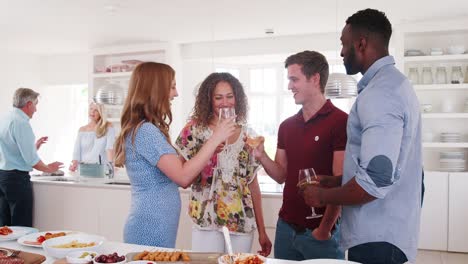 Familie-und-Freunde-treffen-zum-Mittagessen-Partei-in-Küche---in-Zeitlupe-erschossen