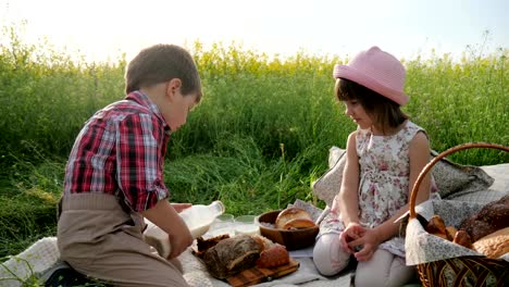 Friends-on-green-lawn,-kids-at-picnic,-Boy-and-girl-with-food-on-nature,-Happy-children-in-fresh-air,-Boy-pours-milk-into-glass-for-girl