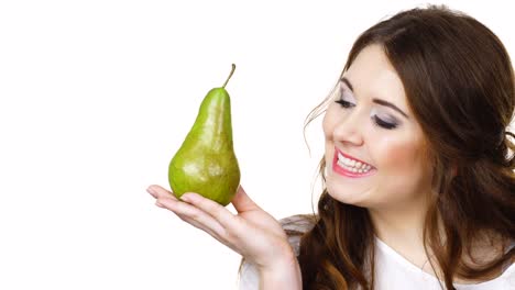 Woman-holding-pear-fruit,-isolated.-Healthy-diet.