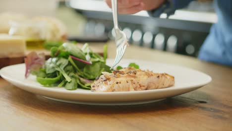 Man-Having-Grilled-Fish-Served-With-Salad-At-Home