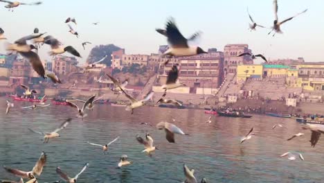 Paseo-en-barco-en-el-río-Ganges,-Varanasi,-India