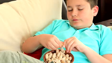 Young-boy-eating-peanut-and-watching-tv