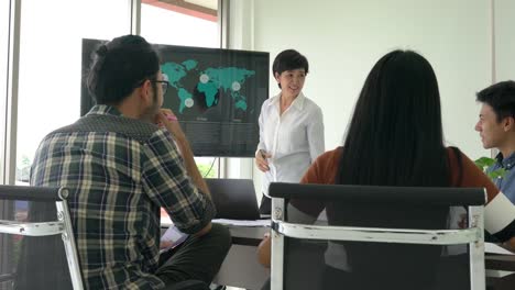 Mujer-de-negocios-presentan-plan-de-proyecto-y-encuentro-para-compartir-ideas-de-negocio.-Concepto-de-intercambio-de-ideas,-la-sala-de-guerra,-reunión-trabajo-en-equipo-y-tablero-de-instrumentos.