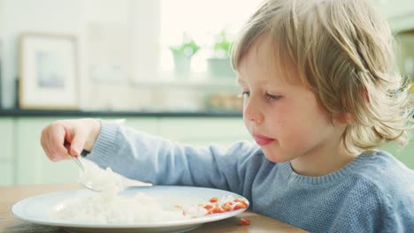 Junge,-Reis-und-Sauce-mit-Löffel-am-Tisch-essen