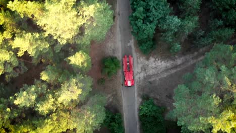 Draufsicht-von-der-Drohne-auf-das-rote-Feuer-LKW-fahren-entlang-der-Straße-in-einem-Kiefernwald