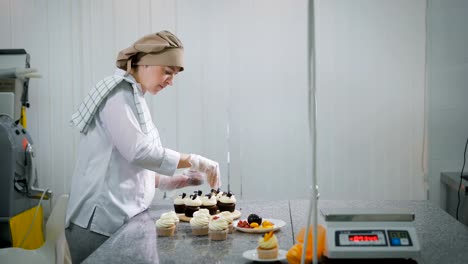 The-woman-cooks-cakes-for-a-holiday.-At-the-girl-the-order-as-the-candy-store-is-small-business.-Cakes-are-ready-on-a-table.-On-a-table-chocolate-and-fruit-cupcakes