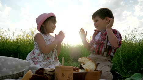 Spielende-Kinder,-Spaß-in-frischer-Luft,-Bruder-und-Schwester-bei-Picknick,-Familie-Ruhe-in-der-Natur,-Lachen-Kinder-glücklich,-guten-Laune