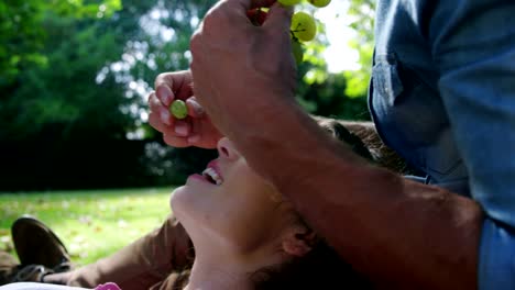 Man-feeding-grapes-to-woman-in-park