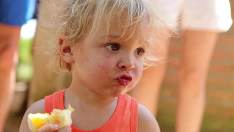 Porträt-von-cute-blonde-Kleinkind-Jungen-essen-eine-Orange-in-4K.-Reportageaufnahme-des-jungen-Säuglings-beiläufig-essen-gesundes-Obst-draußen-im-Sonnenlicht-in-4K-60fps