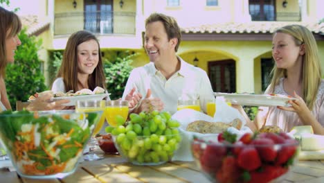 Junge-Eltern-und-Töchter-nahrhafte-Familie-Picknick