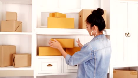 Joven-asiática-mujer-trabajando-en-el-hogar,-joven-propietario-mujer-comenzar-para-los-negocios-en-línea,-PYME,-proyecto-entrega,-mujer-con-negocio-en-línea-o-concepto-de-PYME.