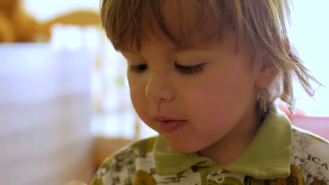 Niño-disfrutando-de-una-piruleta-mientras-mira-fijamente-a-cámara.-Niño-comiendo-dulces,-dulces,-azúcar