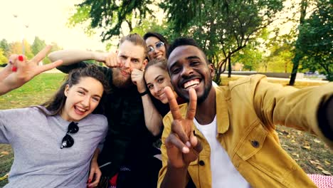 Multiracial-group-of-friends-is-taking-selfie-in-park-sitting-on-blanket,-posing-and-looking-at-camera.-African-American-young-man-is-holding-device-and-touching-screen.