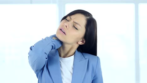 Young-Businesswoman-at-Work-with-Neck-Pain,-Workload