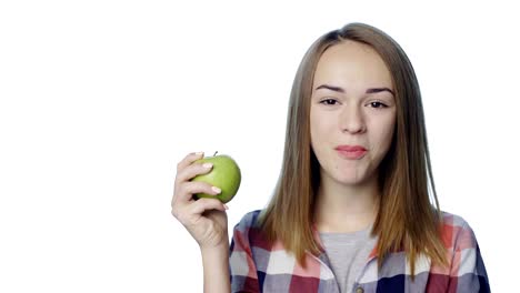 Sonriendo-mordaz-manzana-verde-grande-chica