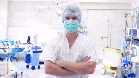 Portrait-of-a-surgeon-who-looks-into-camera-at-a-modern-clinic-or-hospital.-Concept:-doctor,-patient-care,-health.