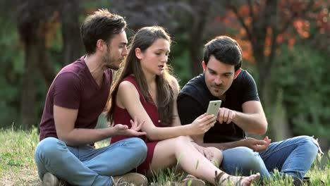 Tres-jóvenes-amigos-hacen-Selfie-en-el-Parque-selfie,-alegría,-sin-preocupaciones