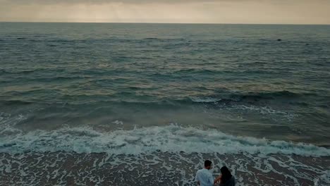 Luftaufnahme-des-jungen-Brautpaares-zu-Fuß-am-Strand-mit-husky-Hund