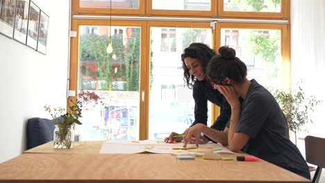 Two-business-women-brainstorm-together-with-electronic-device-on-a-casual-and-friendly-meeting