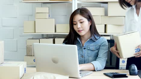 Jóvenes-hermosas-mujeres-usando-laptop-para-el-trabajo-en-su-oficina.-Mujeres-que-trabajan-con-PYMES,-negocios-en-línea,-concepto-de-negocio-de-inicio.