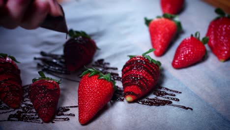 4K-Kuchenbäcker-dekorieren-Erdbeeren-mit-Schokolade