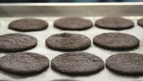 Kreise-der-dunklen-Cookie-Teig-auf-ein-Backblech-in-einer-Bäckerei