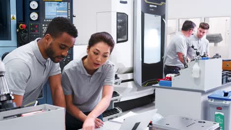 Two-Engineers-Discussing-Plans-For-Job-Whilst-Looking-At-Laptop