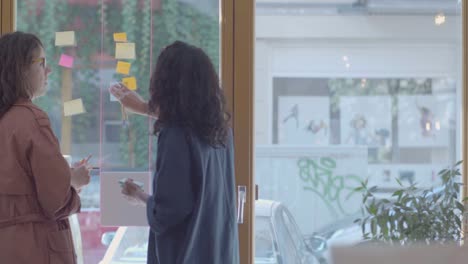 Two-businesswomen-brainstorm-on-windows-wall-over-real-estate