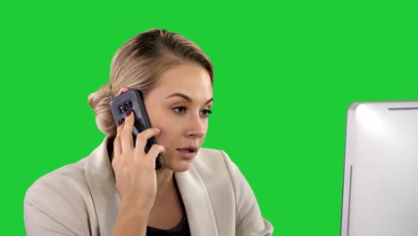 Young-Office-Woman-Talking-to-Someone-on-her-Mobile-Phone-on-a-Green-Screen,-Chroma-Key
