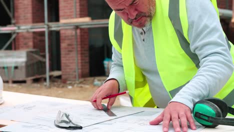 Trabajador-de-construcción-en-sitio-de-construcción-revisando-planos