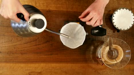 Barista-pouring-water-on-coffee-ground-with-filter