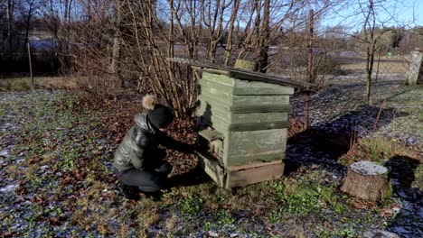 Weibliche-Imker-Inspektion-Bienenstock-im-winter