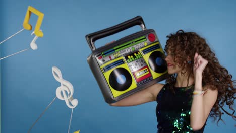 Woman-with-inflatable-tape-recorder