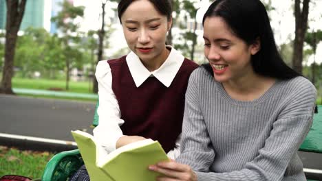 Two-young-female-friends--talking-and-discussing-with-each-other-in-public-park-outdoors.-Asian-and-Caucasian-diversity.