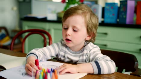 Joven-niño-rubio-sentado-en-la-mesa-de-la-cocina-usando-lápices-de-colores