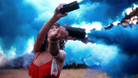 Girl-with-blue-smoke-flares-in-a-park