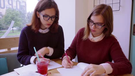 Female-college-students-studies-in-the-cafe-two-girls-friends-learning-together