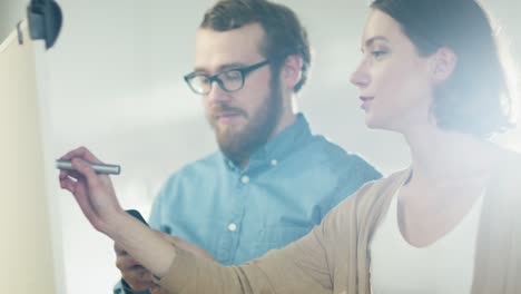 Junger-Mann-und-eine-Frau-diskutieren-Arbeitsprozess-auf-einem-Whiteboard.-Mann-hält-Smartphone.-Frau-stützt-sich-auf-ein-Whiteboard.