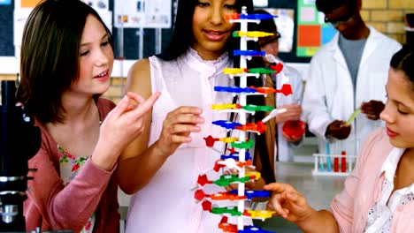 School-students-experimenting-molecule-model-in-laboratory