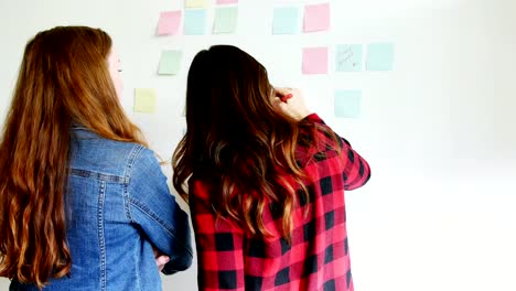 Rear-view-of-female-executives-writing-on-sticky-notes